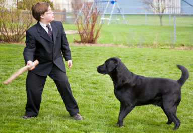 Older child with Down syndrome playing with dog